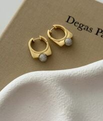 14K Altın Kaplama Pirinç Küpe – Geometrik Yuvarlak Tasarım, Taşlı ve Gold Top Detaylı Modern Kadın Küpe Modelleri