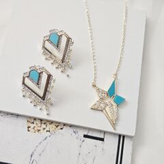 14K Altın Kaplama Pirinç Kolye ve Küpe Seti – Turkuaz Taşlı, Modern Geometrik Tasarım, Şık Kadın Takı Setleri