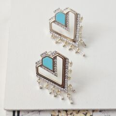 14K Altın Kaplama Pirinç Kolye ve Küpe Seti – Turkuaz Taşlı, Modern Geometrik Tasarım, Şık Kadın Takı Setleri