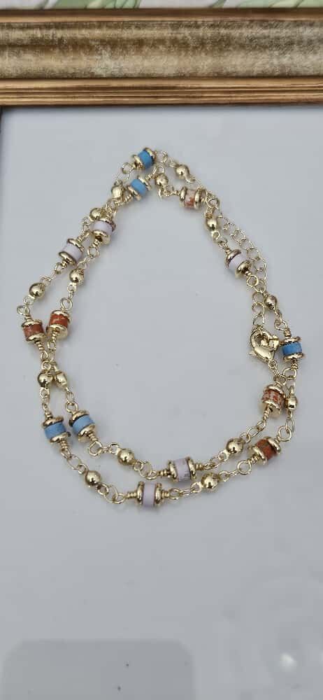 Pirinç Üzeri Altın Kaplama Renkli Boncuklu Zincir Kolye
