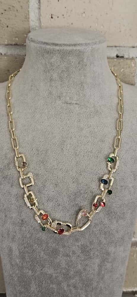 Pirinç Üzeri Altın Kaplama Renkli Taşlı Zincir Kolye – Kuyum İşçiliği Özel Tasarım