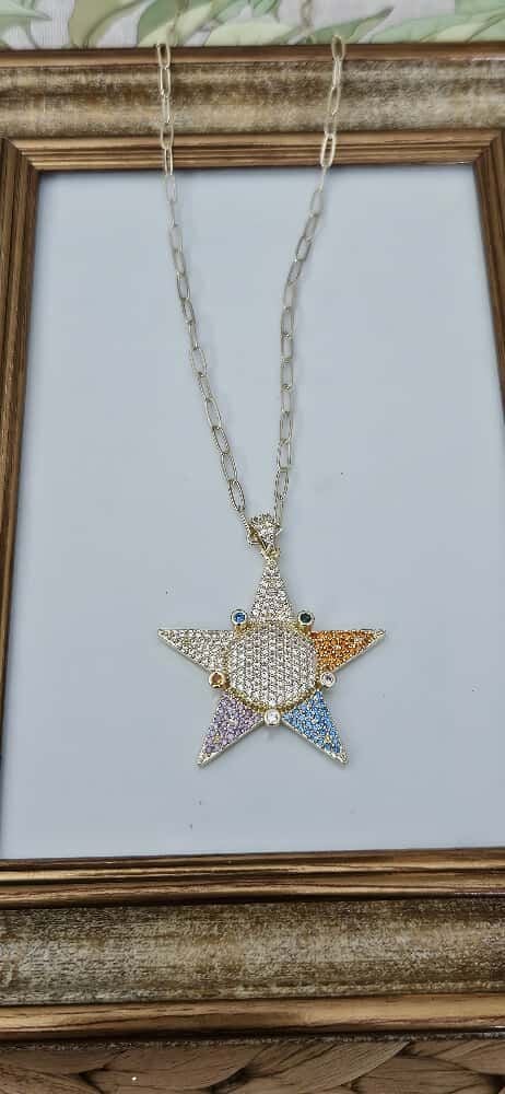 Pirinç Üzeri Altın Kaplama Yıldız Kolye – Renkli Taşlı, Kuyum İşçiliği, Zarif Tasarım