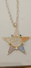 Pirinç Üzeri Altın Kaplama Yıldız Kolye – Renkli Taşlı, Kuyum İşçiliği, Zarif Tasarım