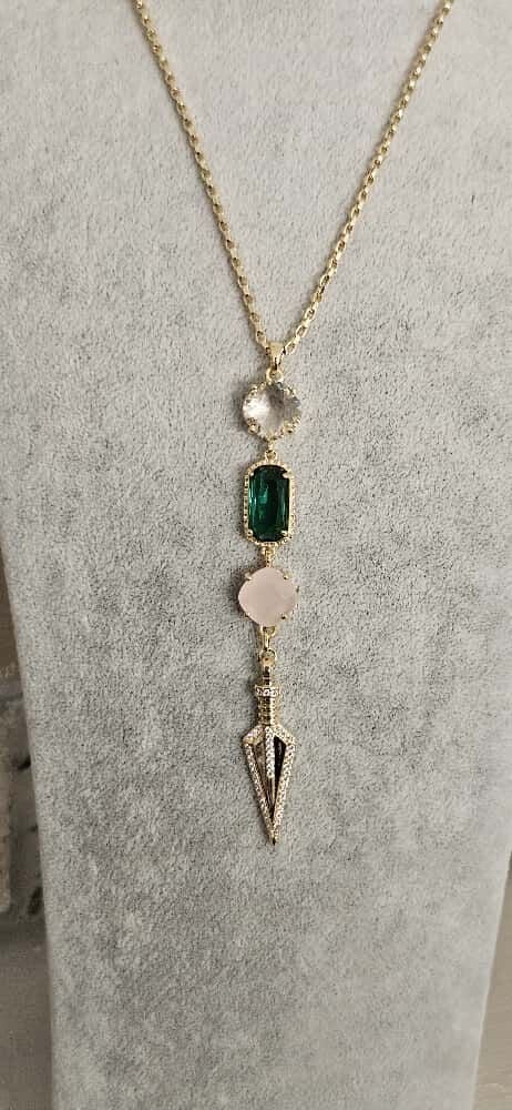 Pirinç Üzeri Altın Kaplama Uzun Tasarım Kolye – Renkli Taşlı Kuyum İşçiliği