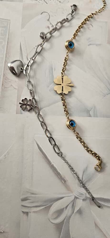 Çelik Zincirli Nazar Boncuklu ve Yonca Figürlü Bileklik