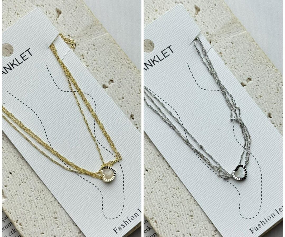 Çelik Halhal Üçlü Zincir Kalp Detaylı – Altın ve Gümüş Renk Seçenekli