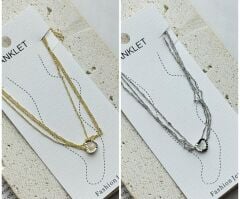 Çelik Halhal Üçlü Zincir Kalp Detaylı – Altın ve Gümüş Renk Seçenekli