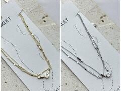 Çelik Halhal Çift Zincirli Yuvarlak Taş Detaylı – Gold & Silver Seçenekli