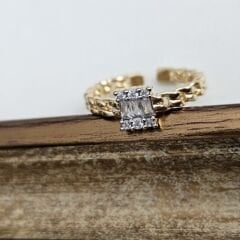 Pirinç Üzeri Altın Kaplama Taşlı Yüzük – Zarif Zincir Detaylı Ayarlanabilir Kadın Takı