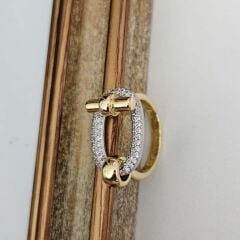 Pirinç Üzeri Altın Kaplama Taşlı Yüzük – Oval Tokalı Modern ve Zarif Kadın Takı