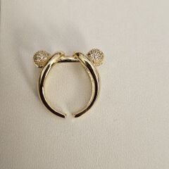 Pirinç Üzeri Altın Kaplama Taşlı Yüzük – İkili Küre Detaylı Modern ve Zarif Kadın Takı