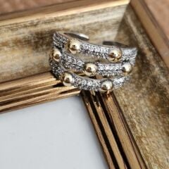 Pirinç Üzeri Altın Kaplama Taşlı Yüzük – Üç Sıra Modern ve Zarif Kadın Takı