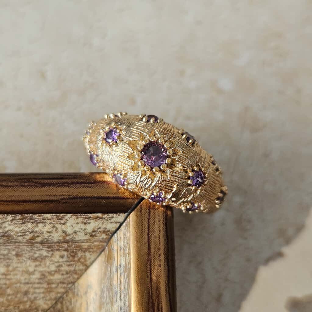 El İşçiliği Vintage Tasarım Pirinç Üzeri Altın Kaplama Yüzük – Mor Taşlı Kadın Takı