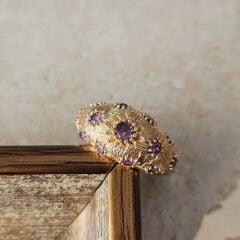 El İşçiliği Vintage Tasarım Pirinç Üzeri Altın Kaplama Yüzük – Mor Taşlı Kadın Takı