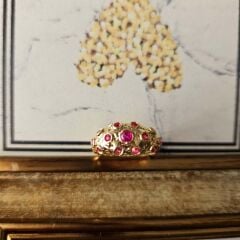 El İşçiliği Vintage Tasarım Pirinç Üzeri Altın Kaplama Yüzük – Kırmızı Taşlı Kadın Takı