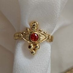 El İşçiliği Vintage Tasarım Pirinç Üzeri Altın Kaplama Yüzük – Turuncu Taşlı Özgün Kadın Takı