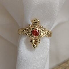 El İşçiliği Vintage Tasarım Pirinç Üzeri Altın Kaplama Yüzük – Turuncu Taşlı Özgün Kadın Takı