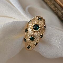 El İşçiliği Vintage Tasarım Pirinç Üzeri Altın Kaplama Yüzük – Yeşil Taşlı Kadın Takı