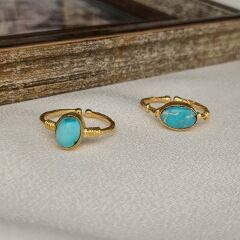 Özel Tasarım Yüzük – Turkuaz Taşlı, Altın Kaplama, El İşçiliği Modern Kadın Yüzük