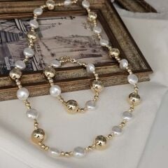 İnci Boncuk Detaylı 14K Altın Kaplama Kolye & Bileklik Seti