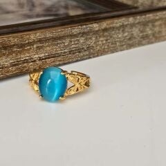 Özel Tasarım Altın Kaplama Kedigözü Yüzük – Mavi ve Mor Taşlı Zarif Stil