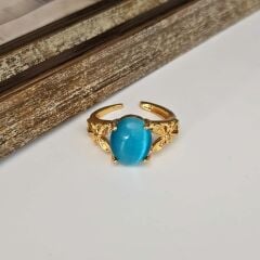 Özel Tasarım Altın Kaplama Kedigözü Yüzük – Mavi ve Mor Taşlı Zarif Stil