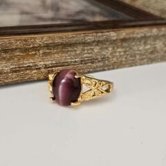 Özel Tasarım Altın Kaplama Kedigözü Yüzük – Mavi ve Mor Taşlı Zarif Stil