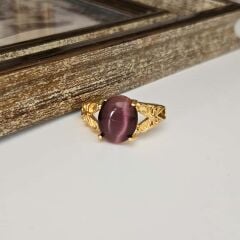 Özel Tasarım Altın Kaplama Kedigözü Yüzük – Mavi ve Mor Taşlı Zarif Stil