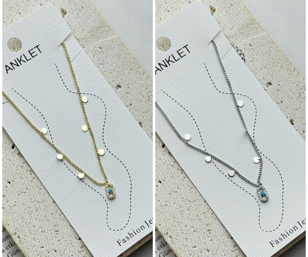 Pirinç Üzeri Altın Kaplama Halhal – Turkuaz Taşlı ve Yuvarlak Detaylı Şık Tasarım