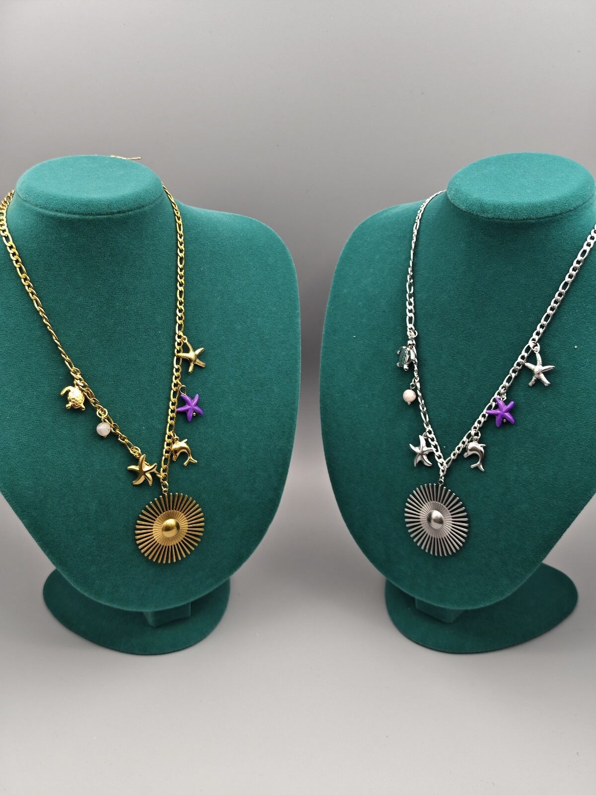 Çelik Zara Kolye – Güneş ve Deniz Yıldızı Charm Detaylı, Gold ve Gümüş