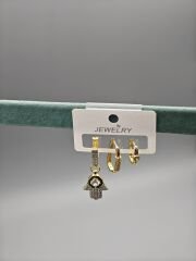 Üçlü Çelik Küpe Seti – Nazar Boncuğu ve Hamsa Detaylı Modern Kadın Küpe Kombini, Günlük ve Özel Kullanıma Uygun